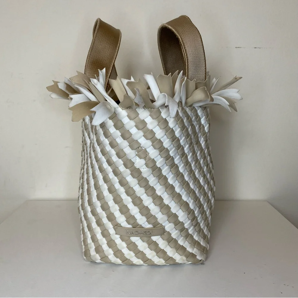 NAGHEDI Havana Small Woven Neoprene Tote Fringe Crossbody Striped Almaza Tan - Picture 5 of 15